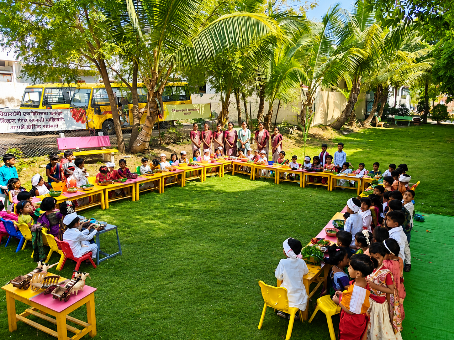 Students forming a group pattern on the school ground